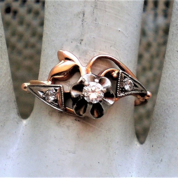 Ukrainian solid 14K 585 Two Tone Rose Pink White Gold Diamond Buttercup Ring